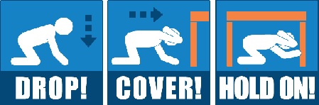 Illustration showing how to stay safe in an earthquake: drop, cover, and hold on